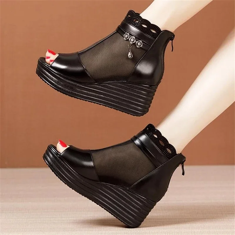 TIMETANGSize 33-43 Open Head Platform Wedges Shoes Summer Breathable Mesh Medium Heel Boots Women OL Office Footwear