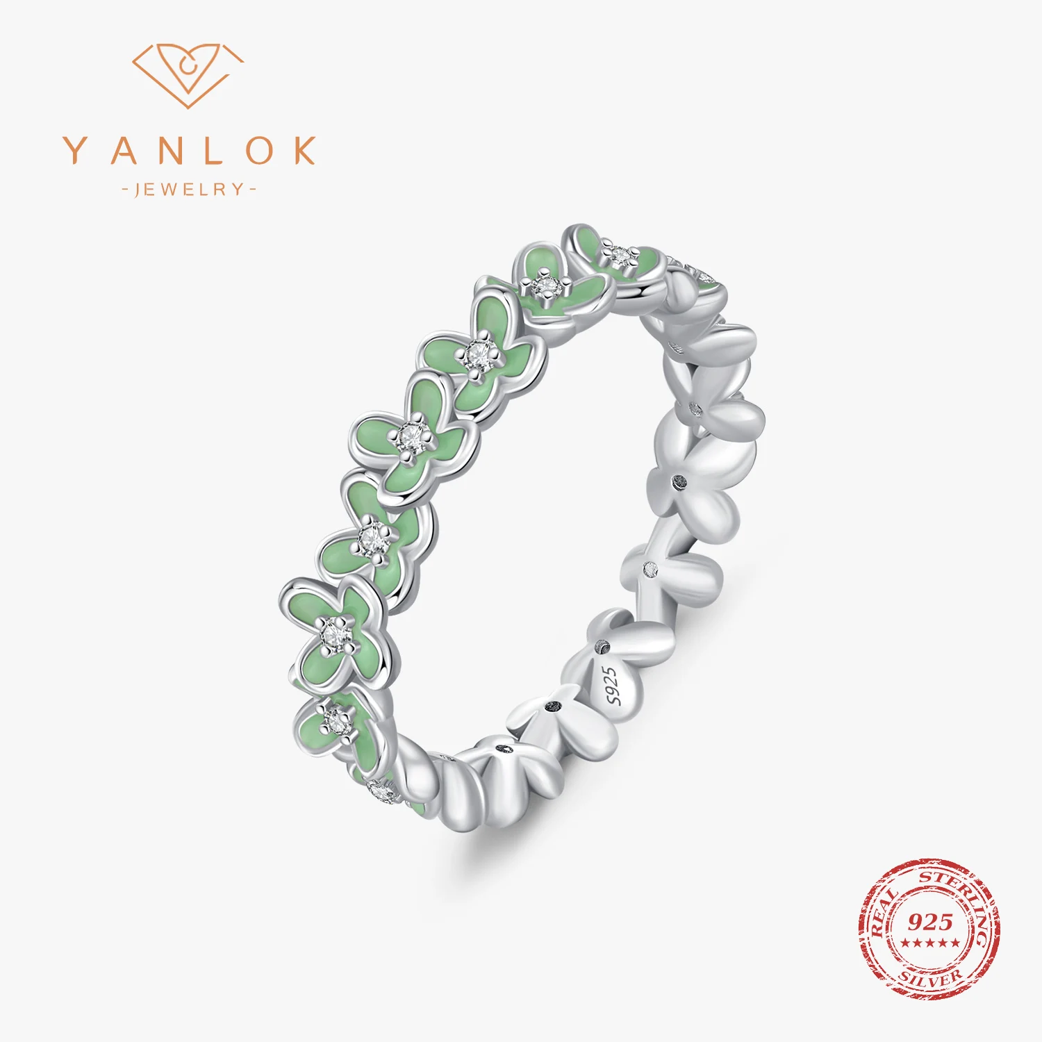 

YANLOK Mint Green Flower Rings 925 Sterling Silver Sparkling CZ Eternity Band Rings For Women Fine Jewelry Accessories