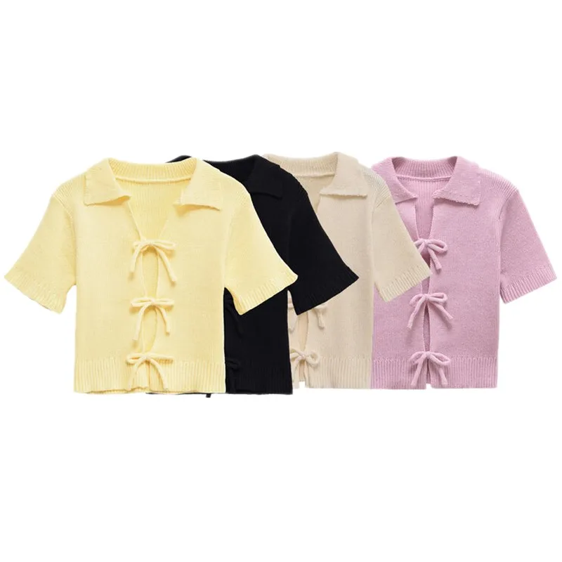 

Spring 2025 Women's Knitted ort Sve round Ne Top Knot Decorated Versatile Faionable Commute Sle Loose Fit