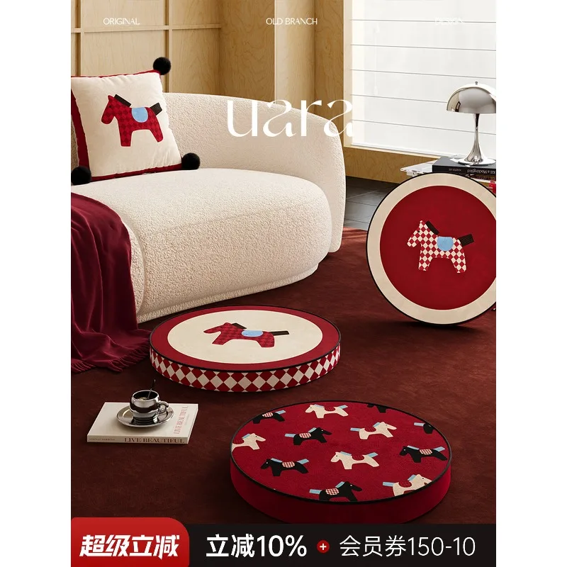Red Floor Cushion Pouf Chinese New Year Year of the Horse Removable Washable Cover Anti-Slip Portable Mat for Living Room Tatami