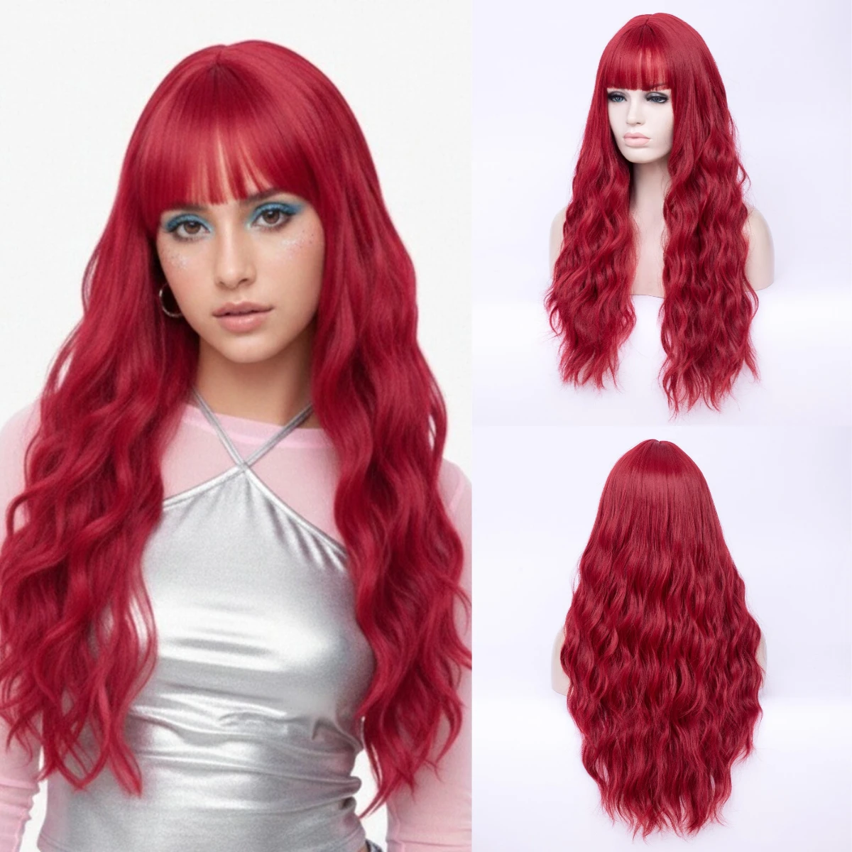 

Synthetic Long Curly Wig Fluffy Red Wig With Bangs High Temperature Fiber Women Wig For Daily Party Cosplay Christmas