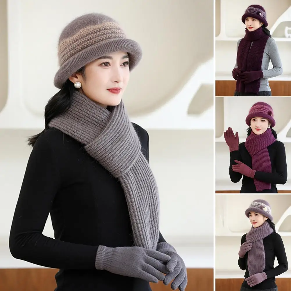 Thermal Lined Hat Warm Winter Beanie Scarf Gloves Set for Mid-aged Women Thick Knitted Cap Windproof Gloves Neck for Outdoor