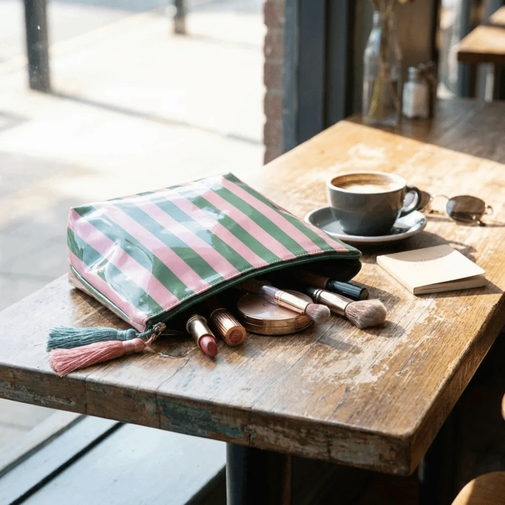 Portable Fringed Travel Toiletry Bag Cute Design Zipper Closure PVC Striped Cosmetic Bag Large Capacity Glossy Makeup Brush Bag