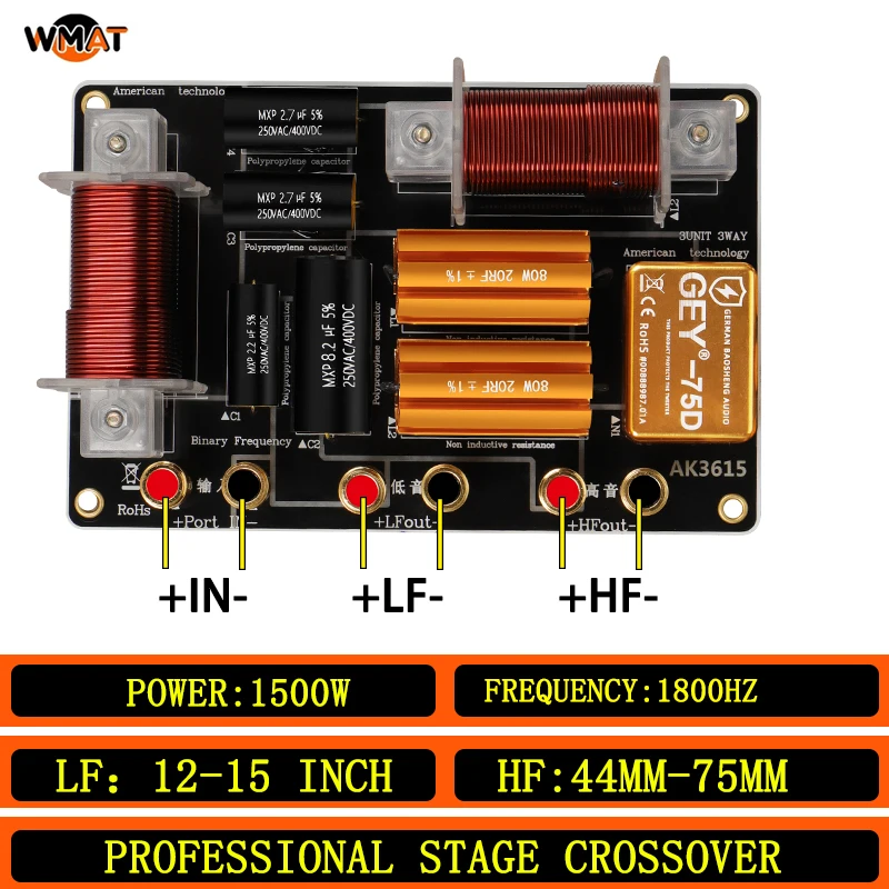 

Кроссовер 3615/2-полосный, с индуктором из чистой меди, 1500 Вт, 1800 Гц, подходит для 12-15-дюймовых НЧ-динамиков и 44-75-мм высокочастотных динамиков, для выступлений