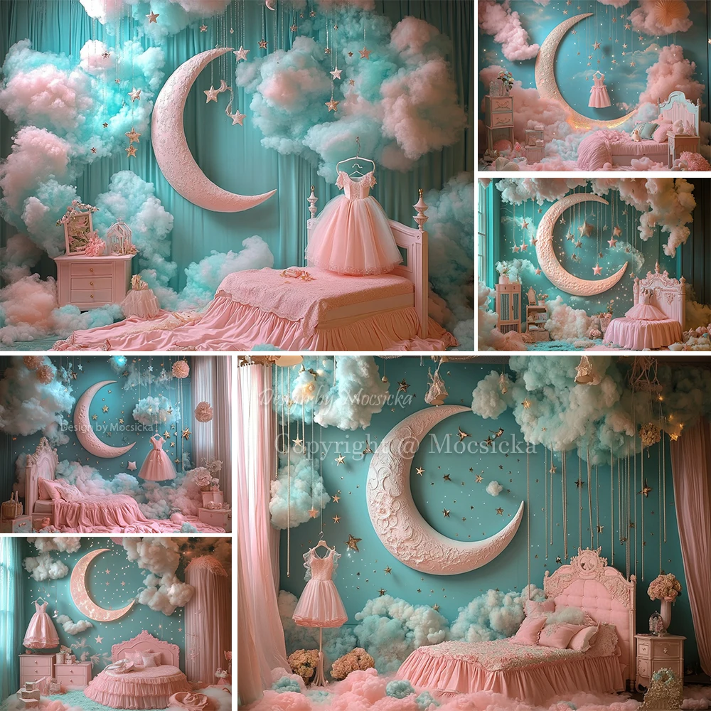 Dreamy Girl Birthday Party Night Photography Background Blue Pink Smoke Moon Star Boudoir Backdrop Kid Cake Smash Photo Studio