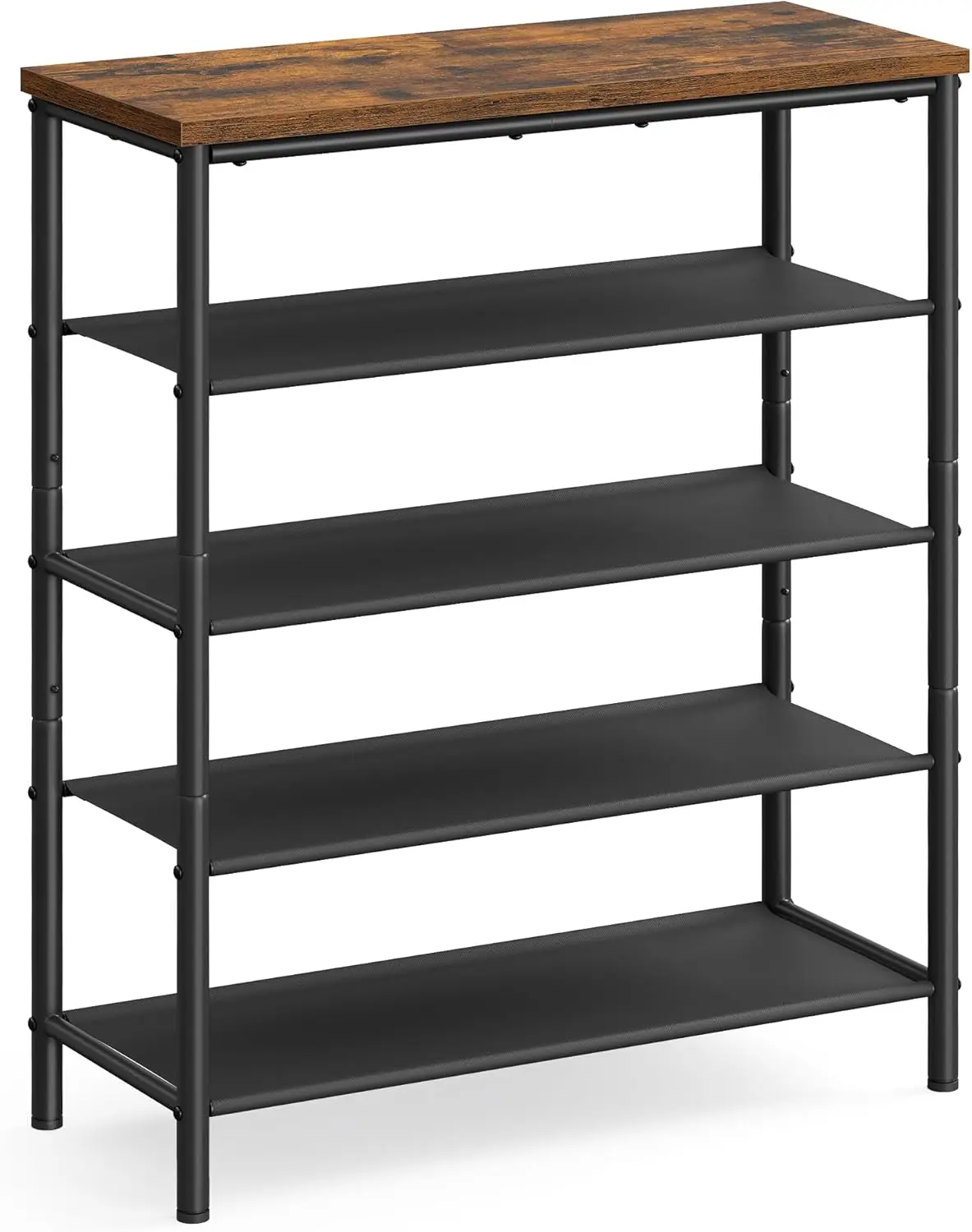 

5-Tier Shoe Rack with 4 Fabric Shelves, Steel Frame, Industrial Rustic Brown and Black, Fits 12-16 Pairs, Entryway or Closet