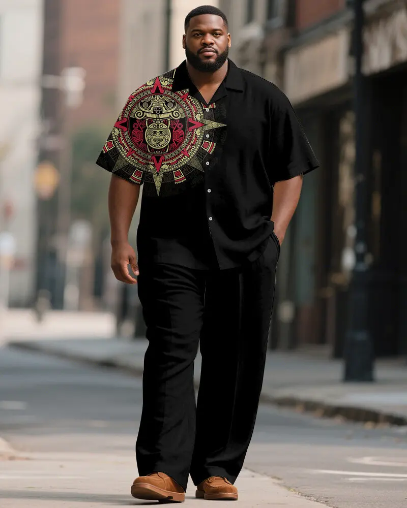 

S-9XL Plus Size Men's Aztec Mayan Tribal Geometric Print Short Sleeve Casual Button Up Shirt for Streetwear & Daily Wear