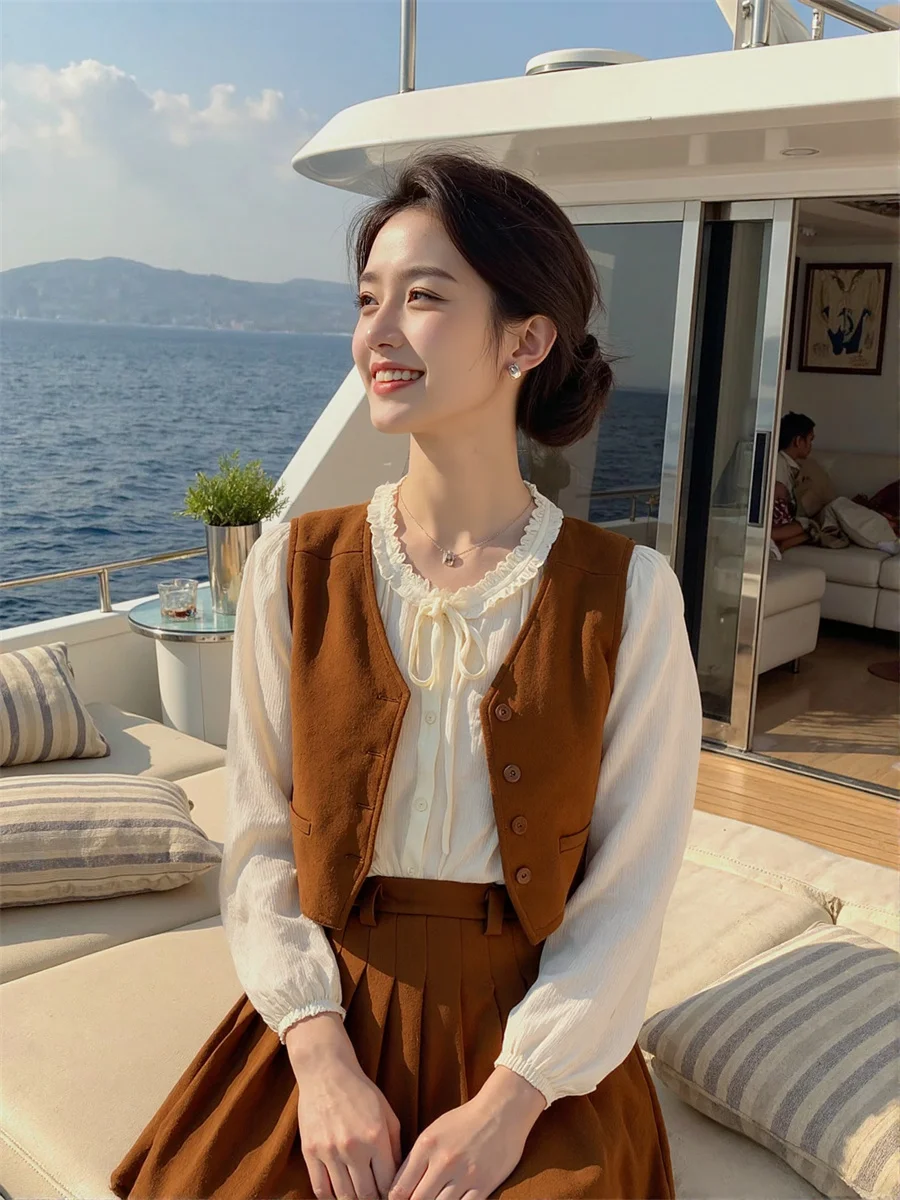 Женские жилеты, женские зимние жилеты в корейском стиле, коричневые, с несколькими карманами, осенние, с толстым шнурком на талии, мешковатые, без рукавов, модные