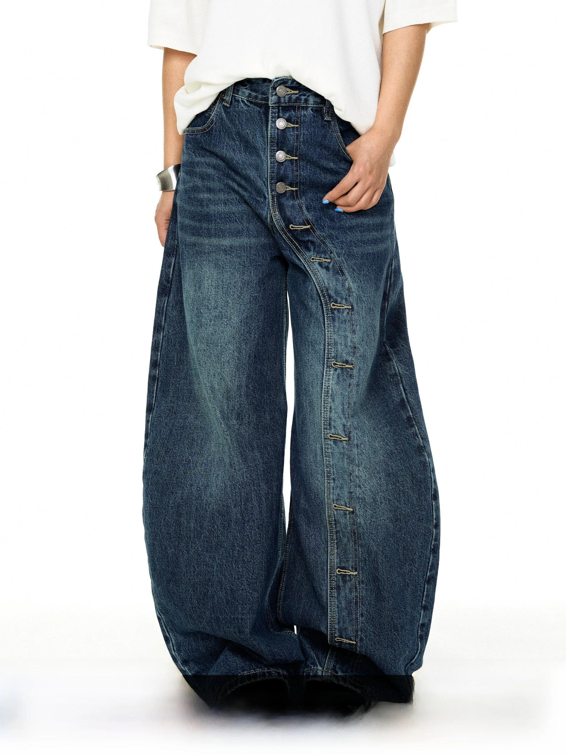 

Blackbb High Waist Wide Leg Jeans Women's Vintage Washed Distressed Knife Denim Pants Stylish Casual High Cotton