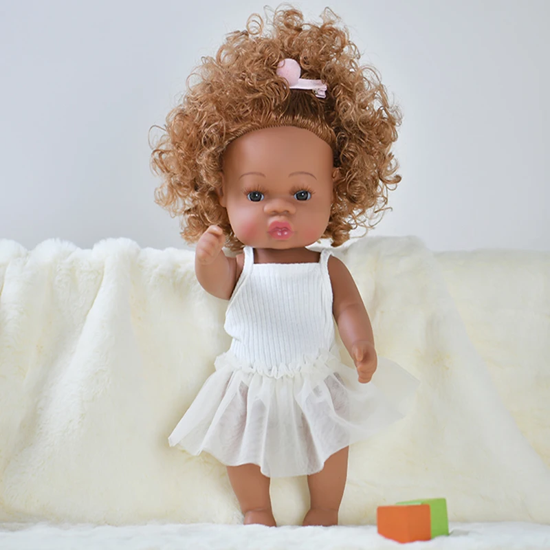 

Popular 35cm Curly Hair Dark Skin Newborn Doll Toys Realistic African American Reborn Baby Silicone Toddler Doll for Kids Toys