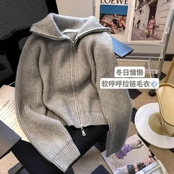 Autumn Winter 2024 Double Zipper Vintage Flip Collar Women Knitted Cardigan Sweater Jacket Student Korean Version Ladies Top