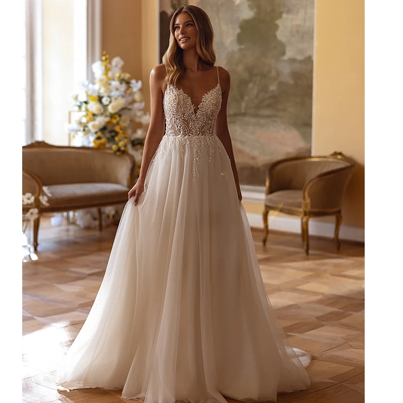 

Glitter Wedding Dress Organza With Embroidery A-Line Floor Length Bride Sleeveless V-Neck Customized Ball Gown Vestido De Novia