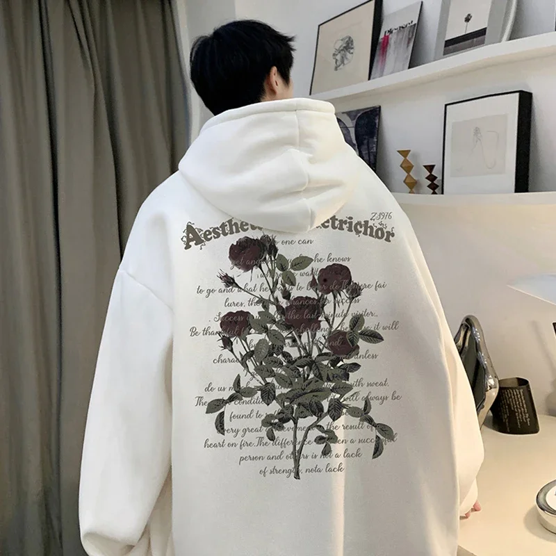 Men's Oversized New in Sweatshirts Goth Rose Print Graphic Hoodies Y2K Streetwear Harajuku Hoody Hip Hop Fashion Tracksuit