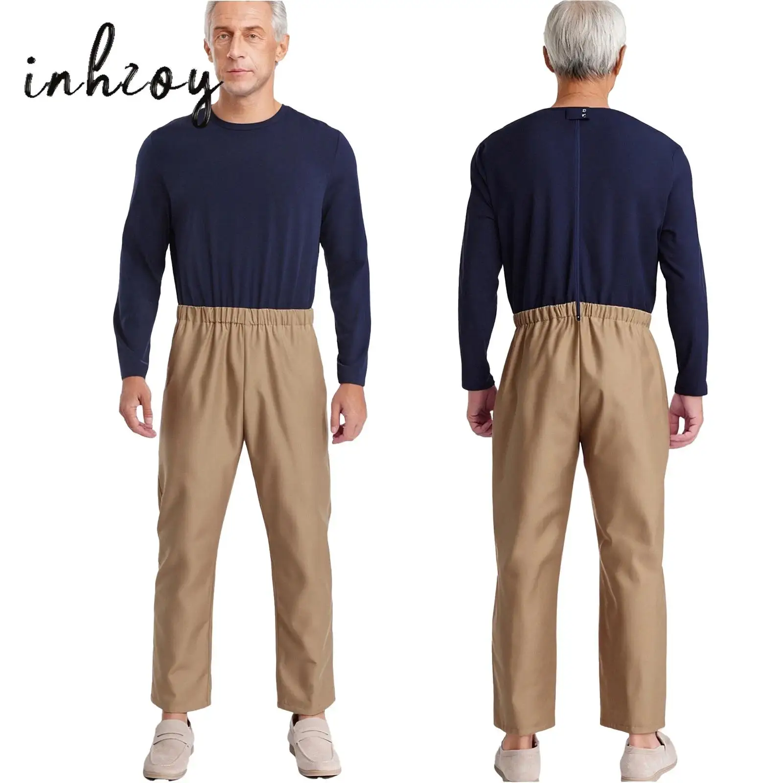 

Mens Special Needs Adaptive Clothing Cotton Round Neck Long Sleeve Elastic Waist Back Zipper Color Block Jumpsuit Bodysuit