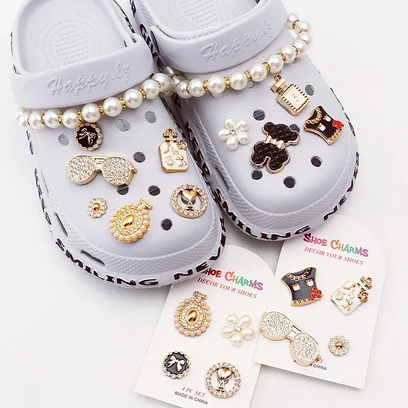 Rhinestone Butterfly Pearl Flower Metal Shoe Charms Set Silver Chain Detachable Decorative Pins DIY Shoe Ornaments for Clog Hole