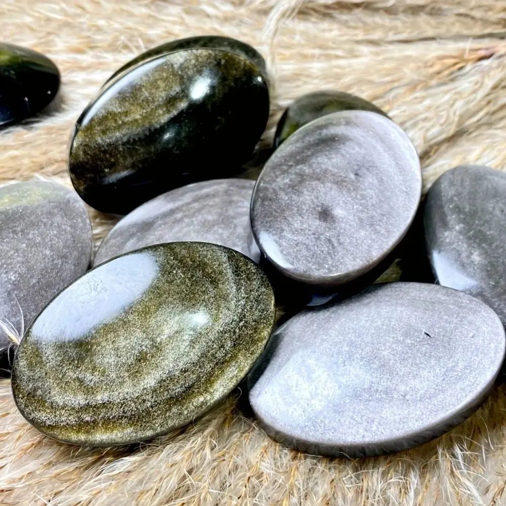 1pair Natural Golden Obsidian & Silvery Obsidian Palm Stone Good Quality Polished Sheen ObsidianStone Meditation Home Decoration