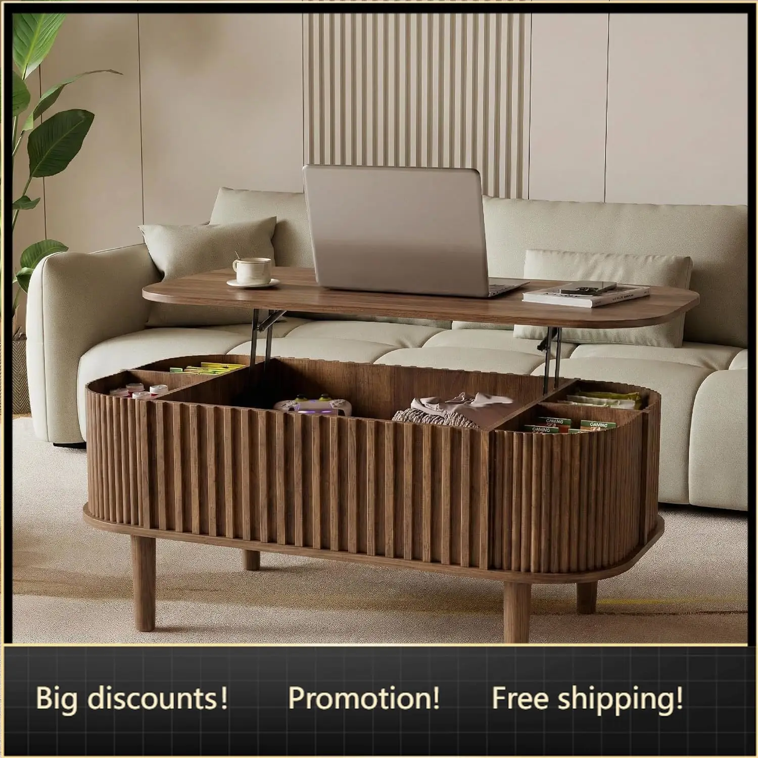 

Lift Top Coffee Table with Storage, 40" Mid Century Modern Coffee Table with Hidden Compartment, Faux Marble Top, Wood Fluted Ce