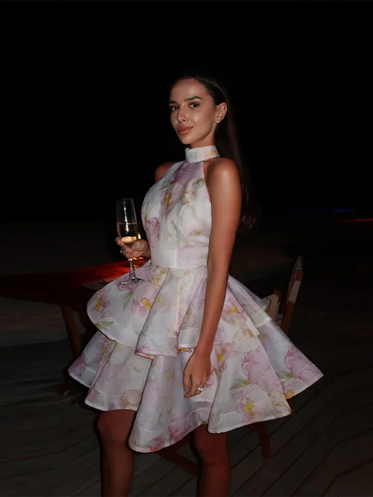 O Neck Floral Printed Short Dress Backless Sleeveless Hem Stacking Dresses  A Line Vestidos 2025 New Lady Party Dresses Gowns