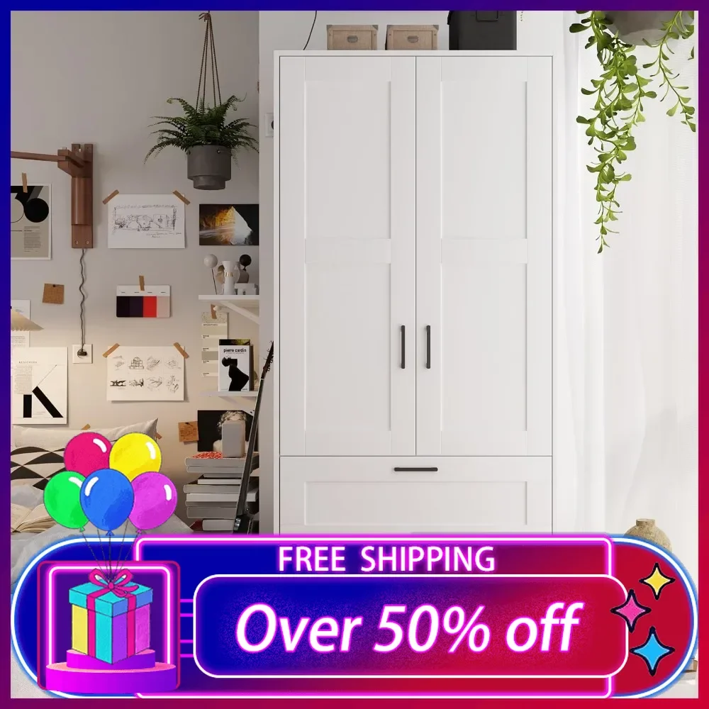 Wood White Wardrobe Closet with 2 Doors and Drawers，Bedroom Freestanding Armoire Storage Cabinet with Shelves，Wooden Wardrobe