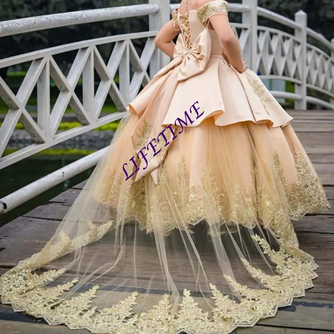 

Платье принцессы с заниженными плечами для детей, многоуровневое тюлевое свадебное платье с золотыми аппликациями, вечерние по индивидуальному заказу