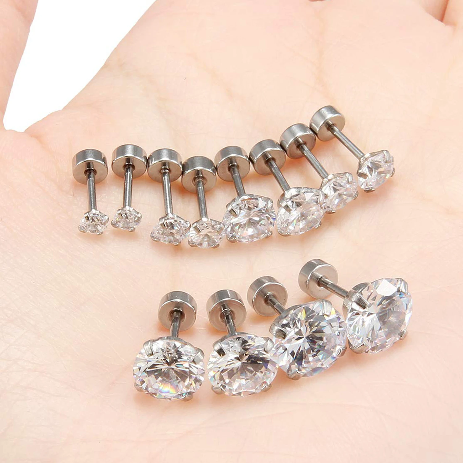 3 Pairs Sexy Cute Stainless Steel Hypoallergenic Cubic Zirconia Flat Back Stud Earrings Women Men Cartilage Piercing Jewelry