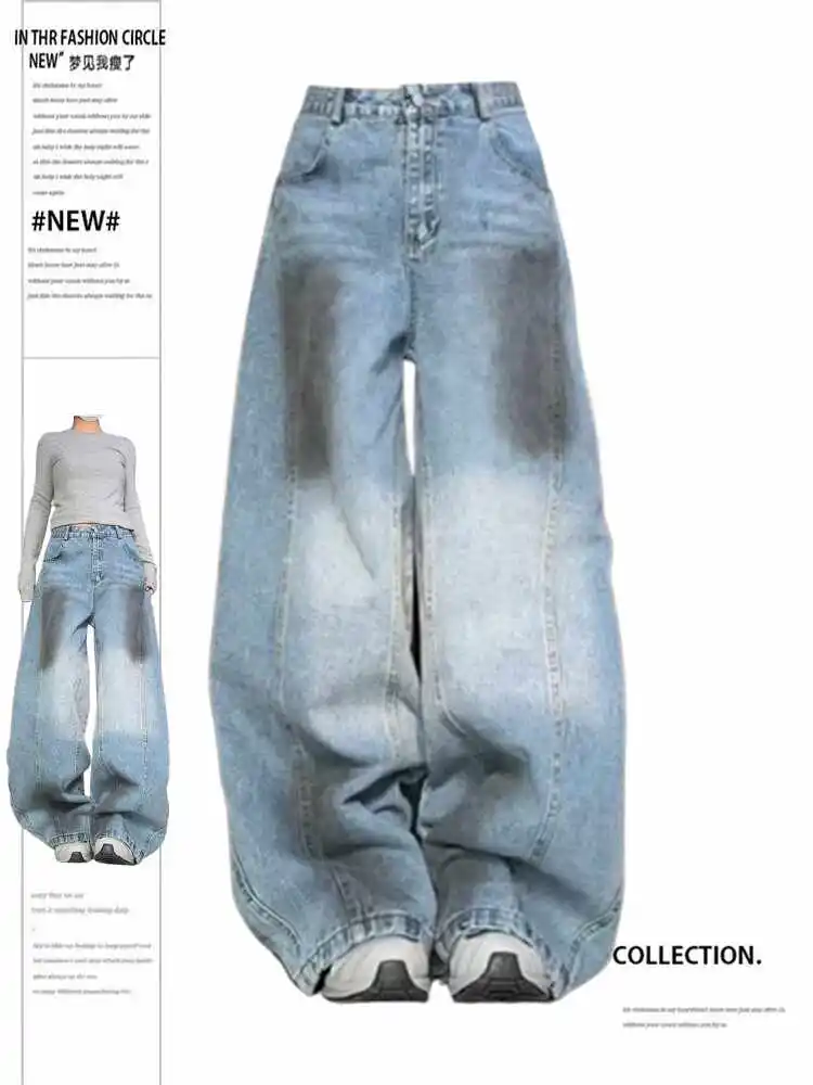 Women's Baggy Jeans Wide Fit Korean Boyfriend Denim Pants Hip-pop Graffiti American Retro 2000s Y2K Harajuku Cowboy High Street