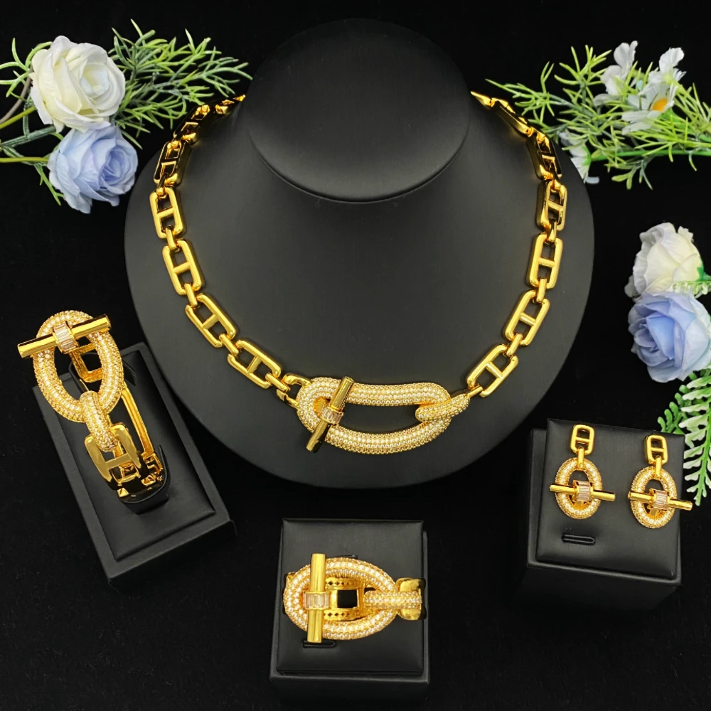 

JRH Luxury Women's Jewelry Set Gold Plated Zirconia Necklace Earrings Bracelet Ring Elegant Gift for Party