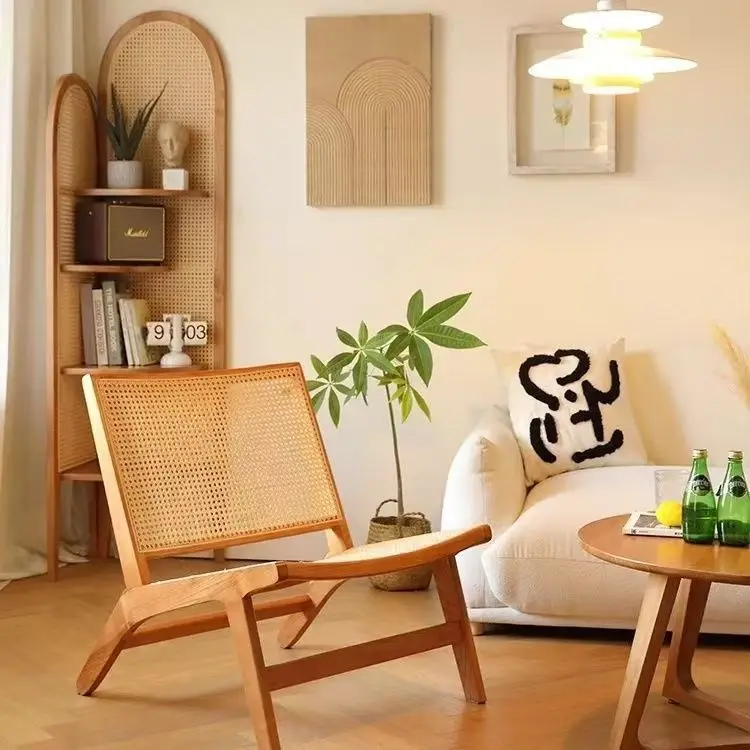 Sillón moderno de estilo japonés con respaldo de cuerda tejida para comedor o estudio, silla informal con detalles de cuerda trenzada