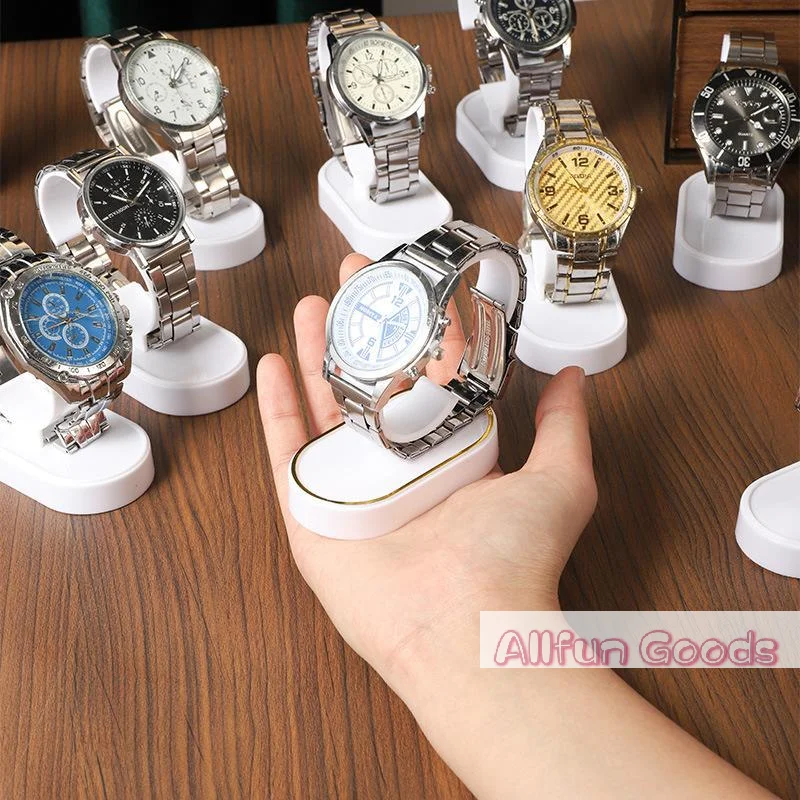 [TG835]White Plastic Watch Display Stand Gold Trim Single Tier Wrist Watch Holder Stable Watch Display Rack For Counter Showcase