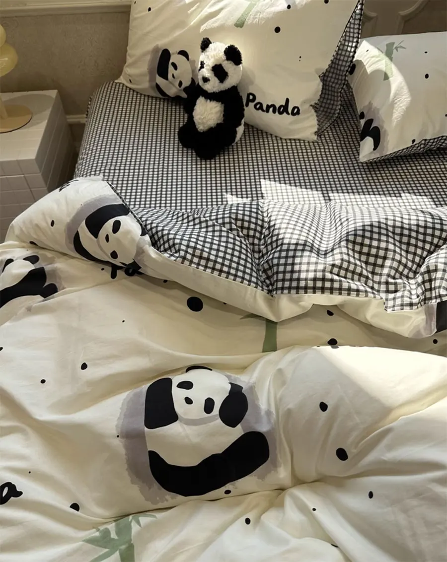 

Fashion cute panda bedding set teen,twin full queen lovely polka dot plaid cotton home textile bed sheet pillow case quilt cover