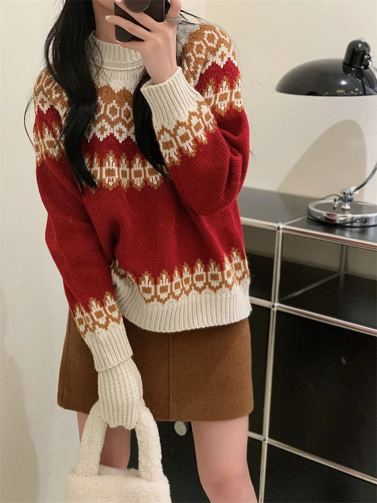 

Hsa winter clothes women Oneck Long Sleeve Vintage Snowflake Chic Sweater Jumpers Knitted Pull Femme Hiver christmas sweater