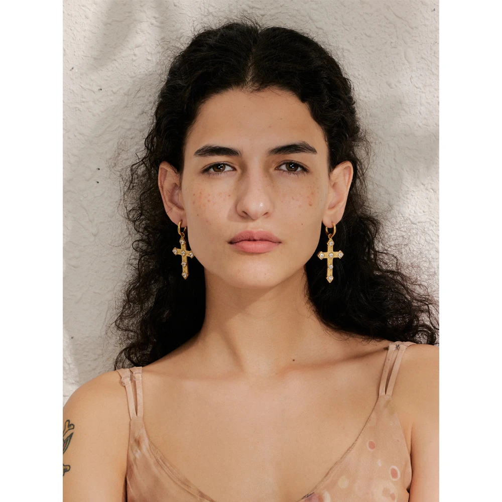 Yhpup Trending Bling Cubic Zirconia Classic Cross Drop Hoop Earrings 18K Gold Color PVD Plated Stainless Steel Exquisite Jewelry