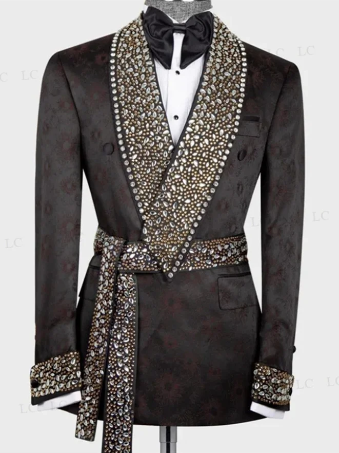 Floral Men Suits Luxury One Piece Blazer With Belt Sheer Lapel Diamonds Crystals Beadings Party Wedding Groom Plus Size Tailored