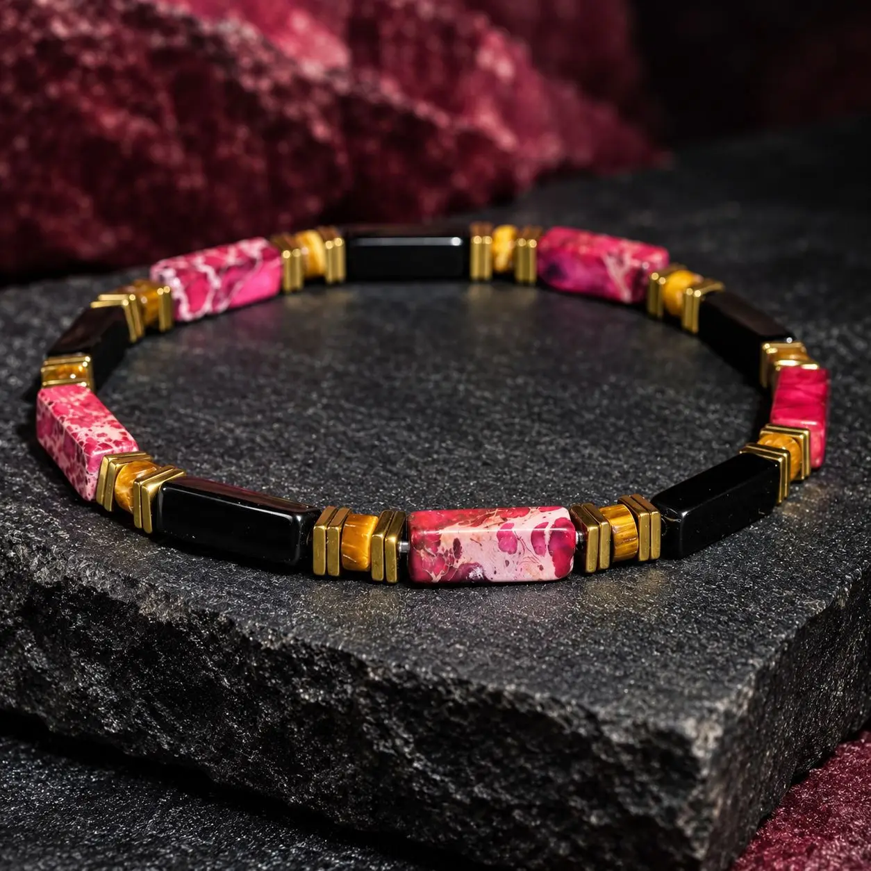 Courage Confidence Emperor Stone Bracelet Black Agate Pink Rectangle Bead Bangle Gold Spacer Motivational Jewelry Gift