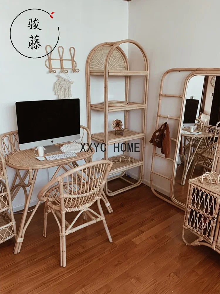 Rattan Bookshelf Floor Shelf Japanese Household Bookcase Display Cabinet Multi-Layer Partition Storage