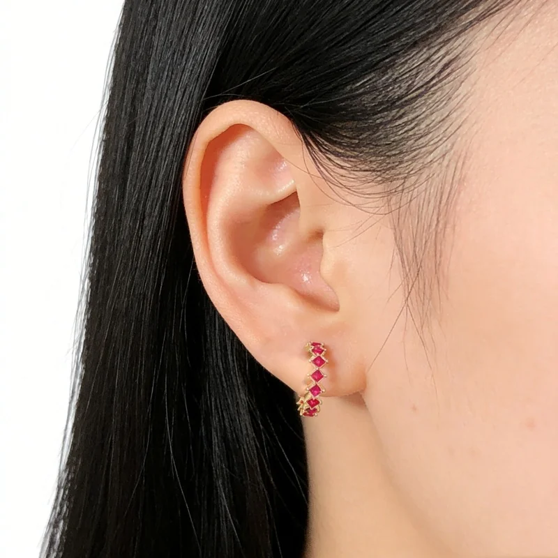 S925 Gold Plated Natural Ruby Hoop Earrings 2.5mm Square Pink Red Gemstone Women Fine Jewelry Gift