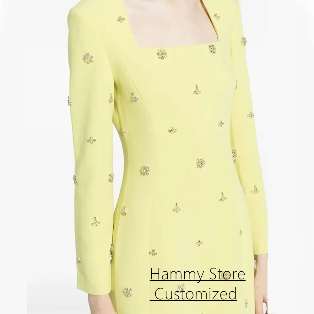 Yellow Prom Dress Customized Full Sleeves Square Neck Crystal Sheath Formal Party Gown Back Slit Arab Evening Dresses image 3