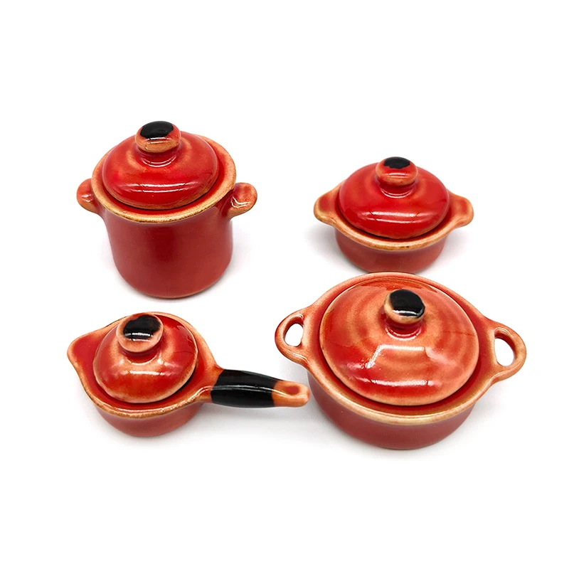 4Pcs 1:12 Dollhouse Miniature Ceramic Kitchenware Pot Set Tableware Mini Casserole Wok Cooking Utensils Model Kitchen Decor Toy