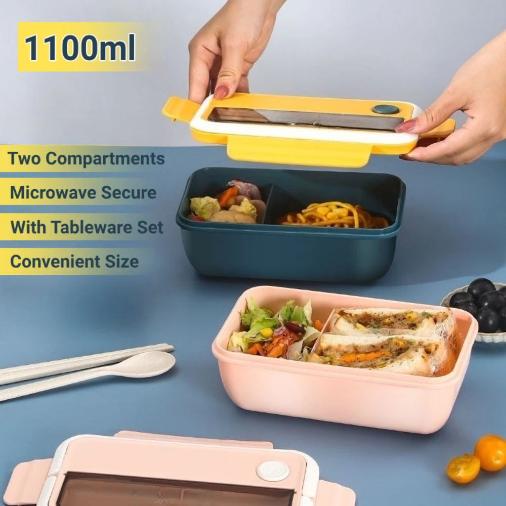 Portable Lunch Box with Tableware Square Divided Microwave Oven Students Bento Box Leakproof Food Container for Picnic Camping