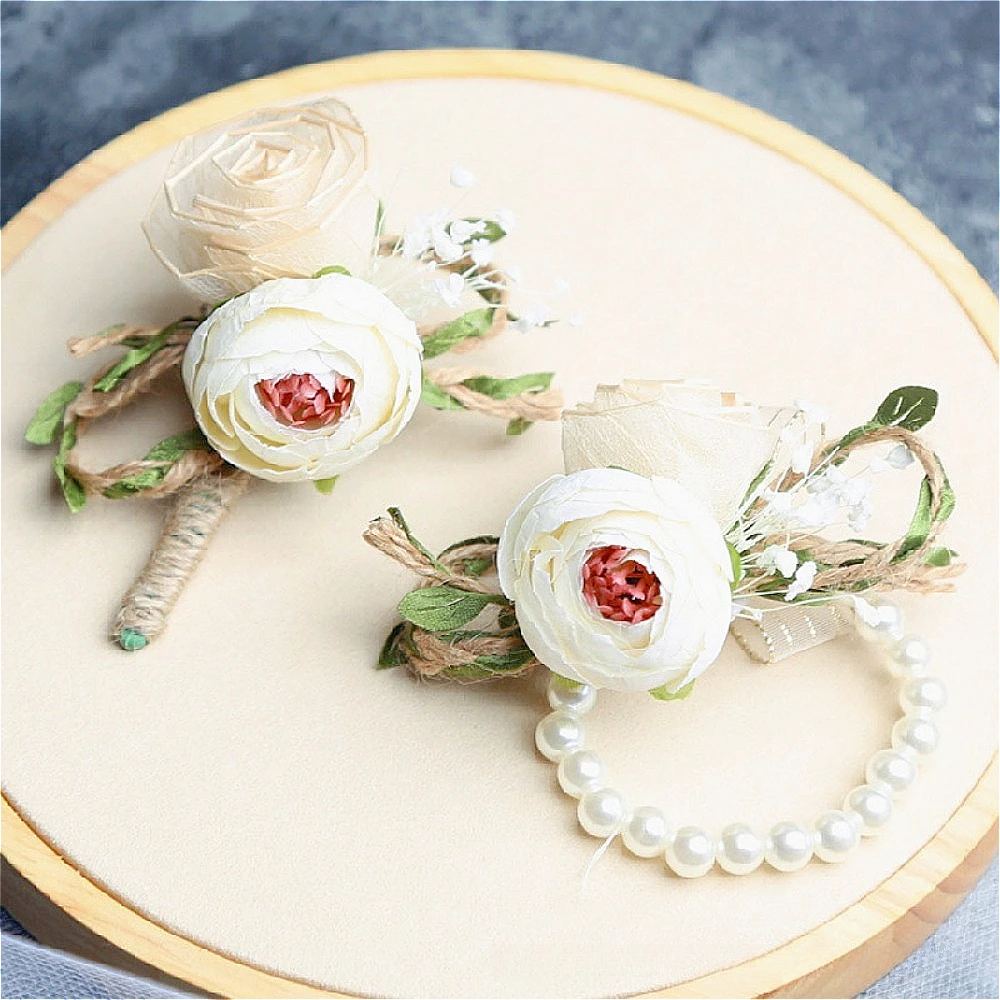 

Wrist Corsage for Bride Retro Flower Pearl Beaded Bracelet and Groom's Boutonniere Wedding Couple Wedding Accessories Marriage