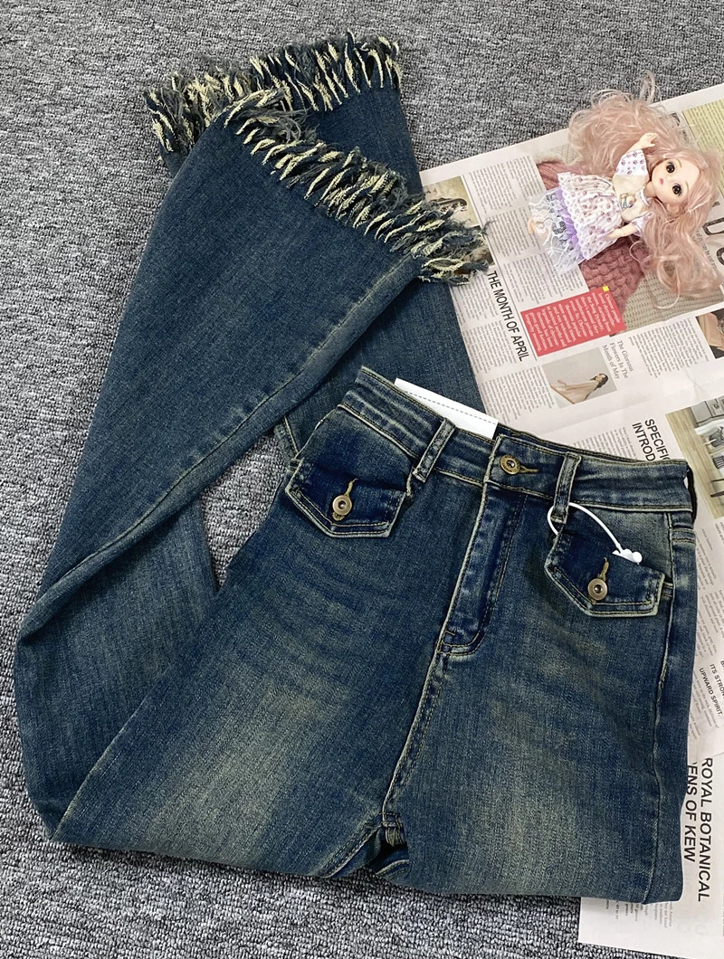 

Retro Blue Flared Jeans High Waist Slim Fit Tassel Denim Pants Spring Autumn Y2K Streetwear Bell Bottom Pants Female Trousers