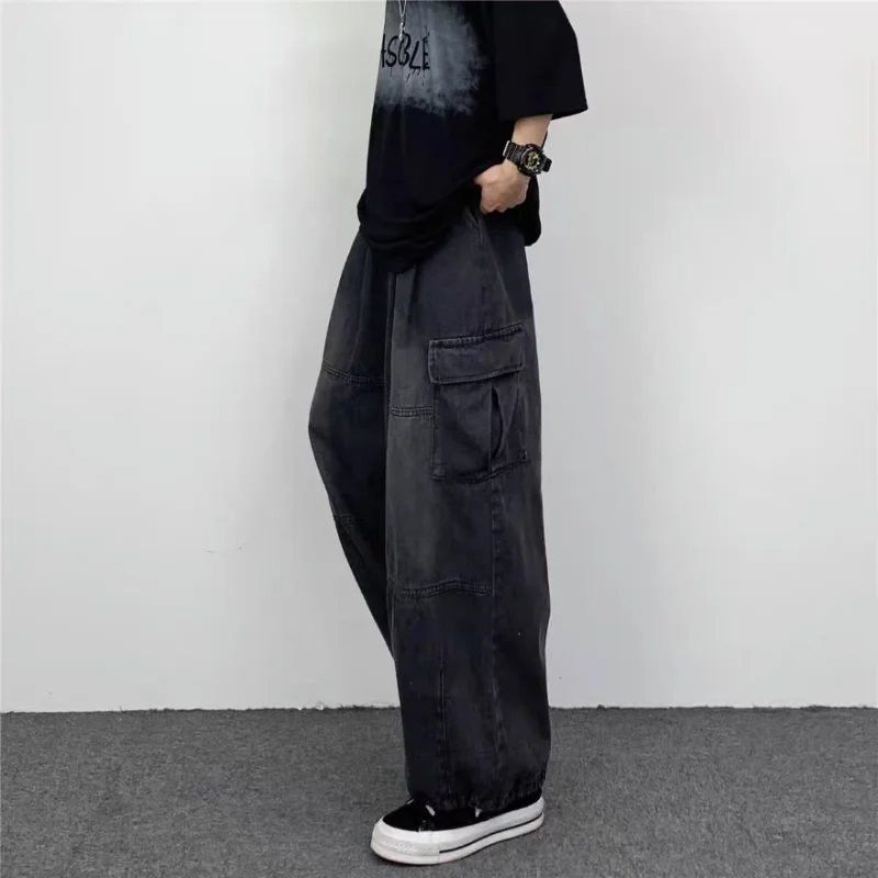 Japanese Retro Wide-leg Big Pocket Overalls Summer Men's Jeans New Fashion Brand Ins Loose Casual Straight Y2k Jeans Large Size