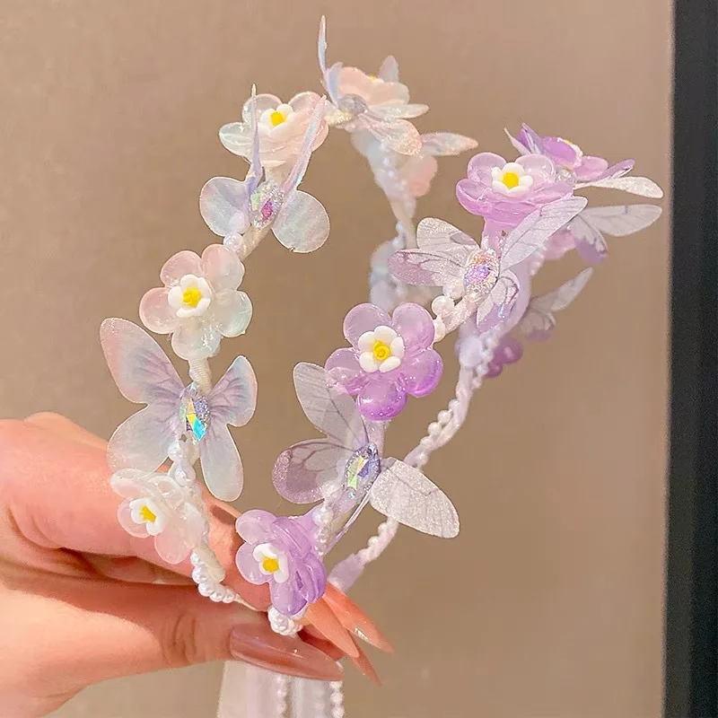 

Floral Wreath Headband for Kids Pearl Streamer 2026 New Style Butterfly Braid Hair Accessories Non Slip Soft Cute Toddler Girls