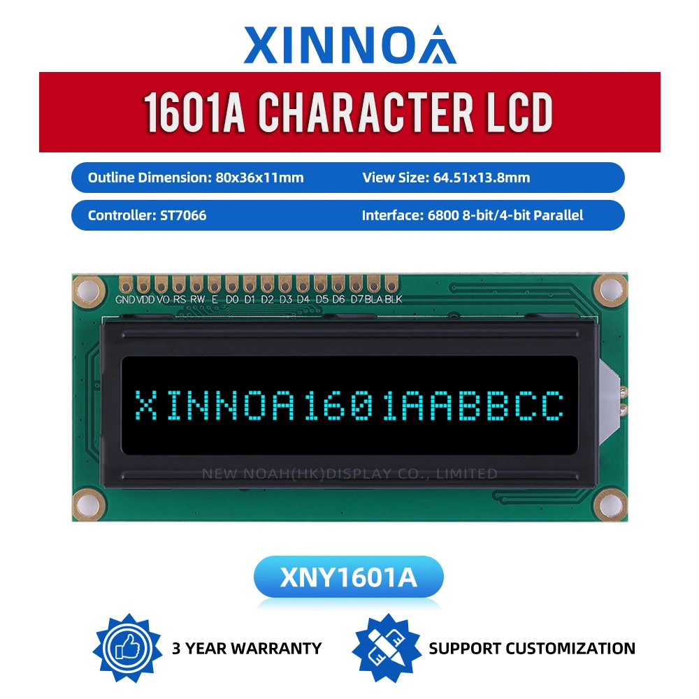 BTN black film Ice Blue 1601A Character LCD Module 01X16 LCD 16*1 1601 16X1 16 PIN ST7066U 80*36Mm Multilingual Module