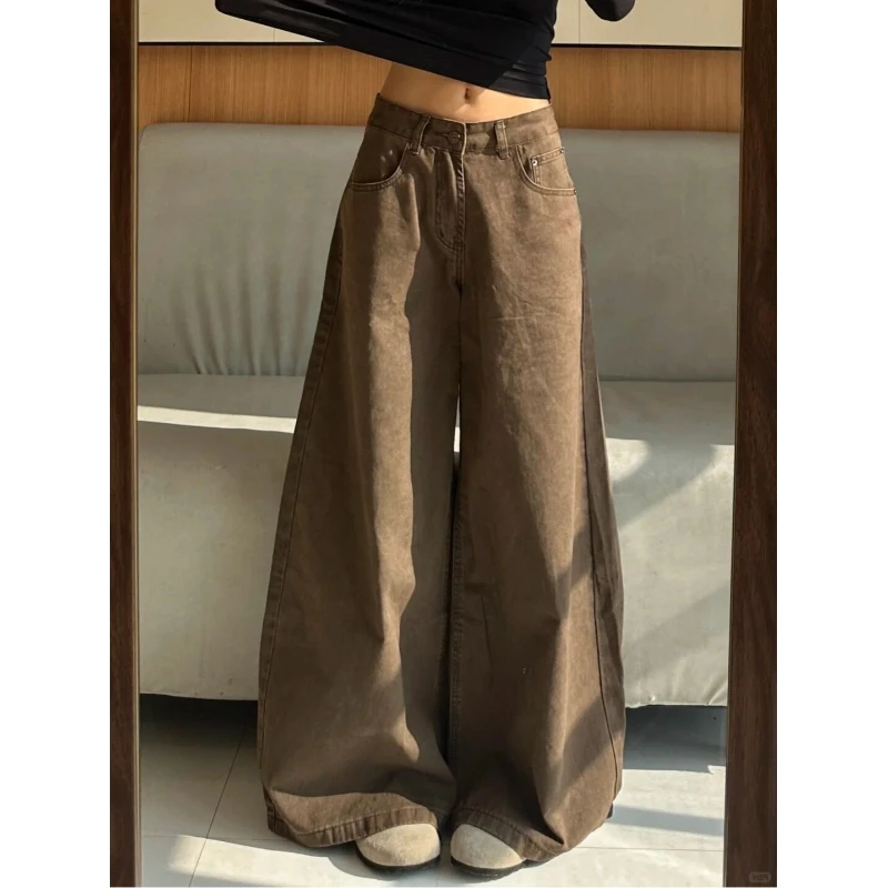 Melad Brown Coffee Wide Leg Jeans for Women Autumn New Style Versatile High Waist Loose Casual Floor Pants