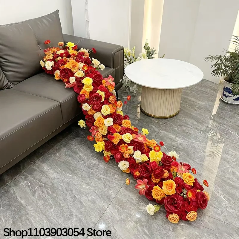 أحمر/برتقالي/أصفر فاخر وردي كوبية أريكة الجدول عداء زهرة الزفاف خلفية الديكور تشكيلة صف الزهور الدعائم الحدث