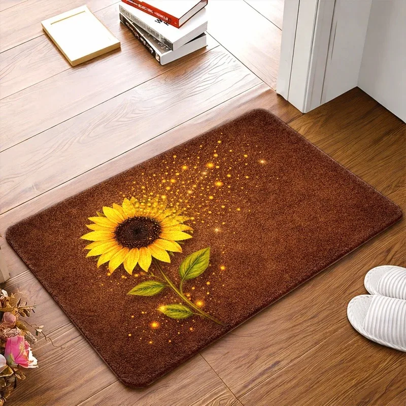 Warm Brown Base Sunflower Shiny Light Spot Print Doormat Cozy Farmhouse Rug for Home Entrance Hallway Indoor Home Decoration