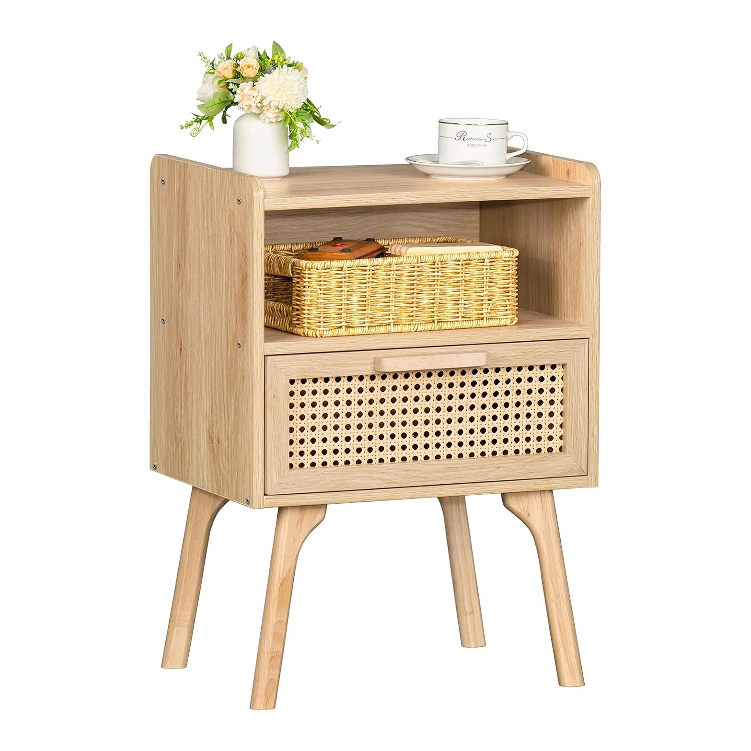 

Nightstand, Boho Side Table With Drawer Open Shelf, Cane Accent Bedside End Table With Legs For Bedroom, Dorm And Small Spaces