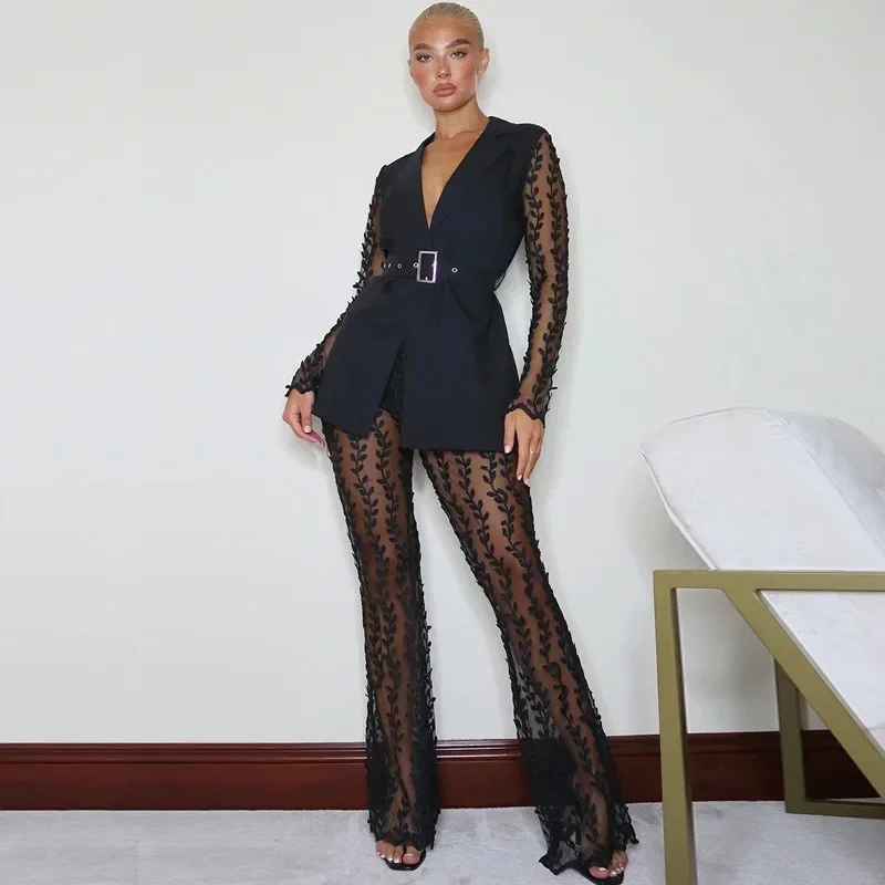 

GUWU Floral Sheer Mesh Women's Set Fashion Blazers and Wide Leg Pants Office Lady Streetwear Two 2 Piece Sets Outfit Tracksuit