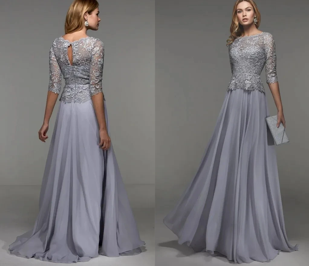 Elegant Silver Mother of the Bride Dress 2025 Round Neck Lace Chiffon A-Line Wedding Groom Guest Party Gowns Ceremony